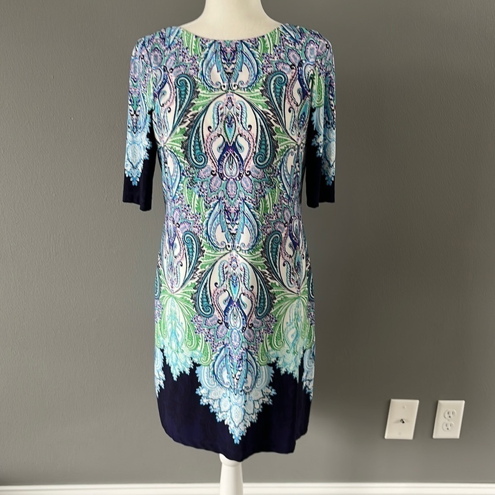 Eliza J Shift Paisley Short Sleeve Blue Shift Dress